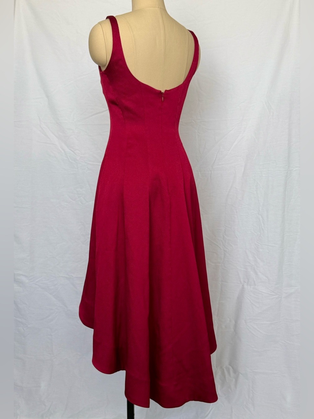 Red Formal High-Low Scoop Neck Low Back Midi Dress